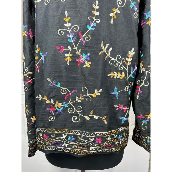 Life Style Black Floral Silk Blend Embroidered Long Sleeve Lightweight Jacket M - Picture 14 of 15